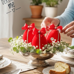 Piros bársony húsvéti tojás dekoráció � 10 cm, felakasztható, romantikus stílus - ünnepi díszek, dekorációk - húsvéti díszek és dekorációk - húsvéti asztaldíszek - Meska.hu