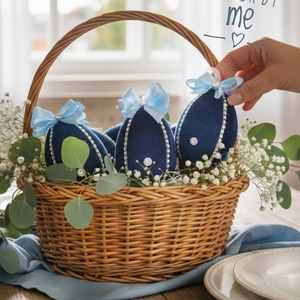 Sötétkék bársony húsvéti tojás dekoráció � 10 cm, felakasztható, romantikus stílus - ünnepi díszek, dekorációk - húsvéti díszek és dekorációk - húsvéti asztaldíszek - Meska.hu