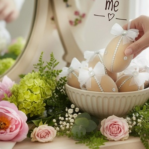 Bársony húsvéti tojás dekoráció � 10 cm, felakasztható, romantikus stílus - ünnepi díszek, dekorációk - húsvéti díszek és dekorációk - húsvéti asztaldíszek - Meska.hu