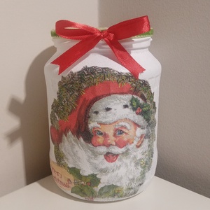 Télapós befőttes üveg, Karácsony, Karácsonyi lakásdekoráció, Ünnepi asztaldekoráció, Decoupage, transzfer és szalvétatechnika, MESKA