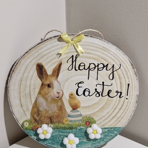 Happy Easter! nyuszis ajtódísz, Ünnepi díszek, dekorációk, Húsvéti díszek és dekorációk, Húsvéti ajtódísz, kopogtató, Decoupage, transzfer és szalvétatechnika, Festett tárgyak, MESKA