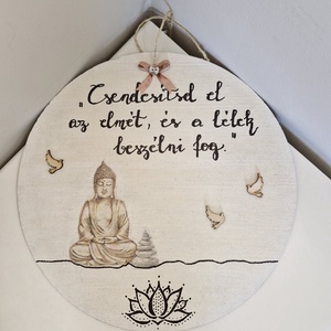 Buddhás ajtódísz madarakkal, Otthon & Életmód, Dekoráció, Fali és függő dekoráció, Falra akasztható dekor, Decoupage, transzfer és szalvétatechnika, Festett tárgyak, A termék az újrahasznosítás jegyében született meg: egy valahonnan megmaradt kör alakú farostlemezt..., MESKA