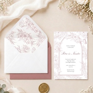 Esküvői meghívó szett, mályva színben, Esküvő, Meghívó & Kártya, Meghívó, Fotó, grafika, rajz, illusztráció, Mályva Botanika – Elegáns púder árnyalatú virágos esküvői meghívó, bélelt borítékkal és viaszpecsét..., MESKA