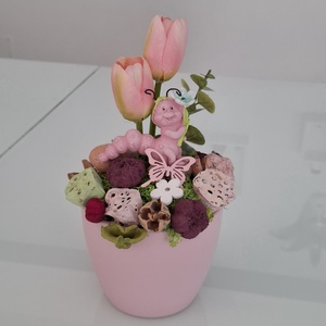 Tulipános asztaldísz hernyóval, Otthon & Életmód, Virágdekoráció, Virágdíszek, Asztali virágdísz, , MESKA