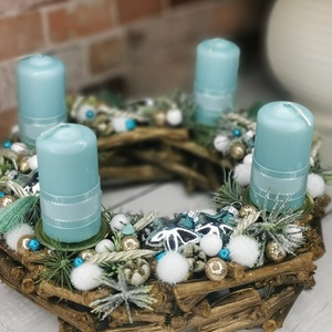 Türkiz adventi koszorú, Karácsony, Adventi díszek, Adventi koszorú, Virágkötés, MESKA