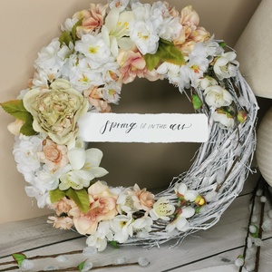 Tavaszi barackvirágos kopogtató, Otthon & Életmód, Dekoráció, Ajtó- és ablak dekoráció, Ajtódísz & Kopogtató, Virágkötés, MESKA