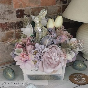 Ezüst nyuszis húsvéti, Ünnepi díszek, dekorációk, Húsvéti díszek és dekorációk, Húsvéti asztaldíszek, Virágkötés, MESKA