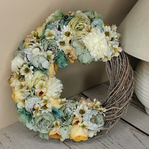 Türkizes selyemvirágos kopogtató, Otthon & Életmód, Dekoráció, Ajtó- és ablak dekoráció, Ajtódísz & Kopogtató, Virágkötés, MESKA