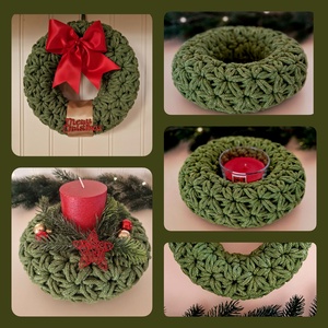  Horgolt koszorú mohazöld csillogós színbenn - karácsony - adventi díszek - adventi koszorú - Meska.hu
