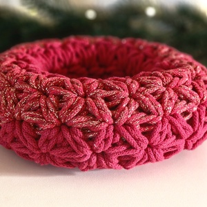  Horgolt koszorú piros csillogós színbenn - Meska.hu