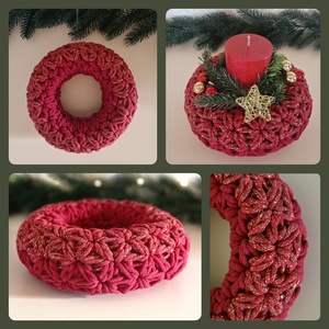  Horgolt koszorú piros csillogós színbenn - karácsony - adventi díszek - adventi koszorú - Meska.hu