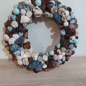 Őszikék ajtódísz, kopogtató kék-barna szárított növényekkel 25 cm - Meska.hu