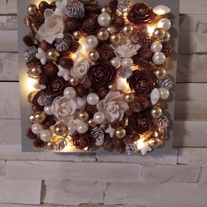 Karácsonyi led világításos 3D-s dekoráció, arany-bronz-fehér színvilágban, asztali vagy fali dísz. Mérete: 20x20 cm, mél - otthon & életmód - dekoráció - kép & falikép - Meska.hu