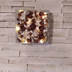 Karácsonyi led világításos 3D-s dekoráció, arany-bronz-fehér színvilágban, asztali vagy fali dísz. Mérete: 20x20 cm, mél - otthon & életmód - dekoráció - kép & falikép - Meska.hu