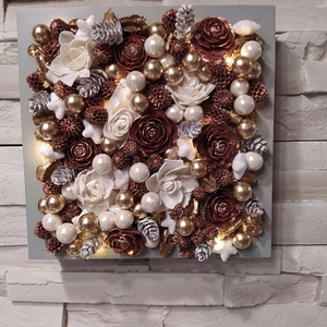 Karácsonyi led világításos 3D-s dekoráció, arany-bronz-fehér színvilágban, asztali vagy fali dísz. Mérete: 20x20 cm, mél - otthon & életmód - dekoráció - kép & falikép - Meska.hu