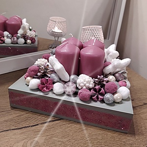 Karácsonyi asztali dekoráció 4 gyertyával, pasztell mályva színben   - karácsony - karácsonyi lakásdekoráció - Meska.hu