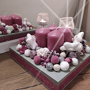 Karácsonyi asztali dekoráció 4 gyertyával, pasztell mályva színben   - karácsony - karácsonyi lakásdekoráció - Meska.hu