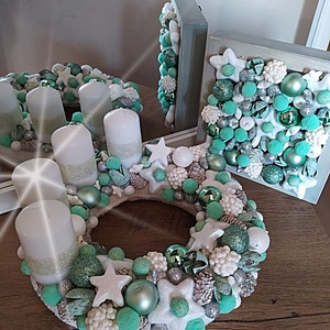 Adventi koszorú és ledvilágításos fali dekoráció menta-fehér színvilágban - karácsony - Meska.hu