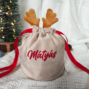 Személyre szabható karácsonyi bársony Mikulás ajándékzsák rénszarvas aganccsal  egyedi névvel, Karácsony, Mikulás, Mikulás zsák, Fotó, grafika, rajz, illusztráció, Mindenmás, MESKA