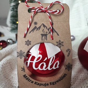 Céges karácsonyi ajándék - üveg karácsonyfagömb választott felírattal és céges logóval ellátott díszdobozzal - karácsony - karácsonyi lakásdekoráció - karácsonyfadíszek - Meska.hu