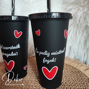 Páros szerelmes pohár szett fedővel és szívószállal - 710 ml - valentin-napra, évfordulóra, szülinapra - esküvő - emlék & ajándék - nászajándék - esküvői pohár, pohárszett - Meska.hu