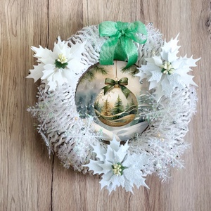 Nyomtatott fa tábla koszorú közép - Karácsonyi zöld téma koszorú közép 11,8cm - kellékek & szerszámok - dekorációs kellékek - koszorú, koszorúalap - Meska.hu