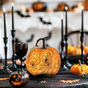 Halloween-i tök dekoráció - 16,5 cm - narancs, pókhálós - habszivacs - otthon & életmód - dekoráció - halloween - halloweeni dekoráció - Meska.hu
