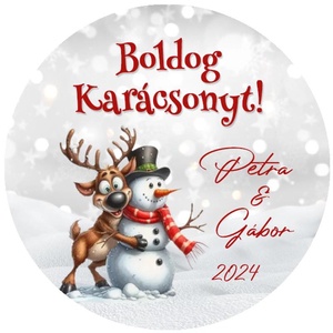 Karácsonyi matrica - Egyedi szöveggel ellátott személyre szabott- szarvas hóemberrel (Egyedi karácsonyi ajándékok), Karácsony, Karácsonyi ajándékozás, Karácsonyi képeslap, üdvözlőlap, ajándékkísérő, Papírművészet, MESKA