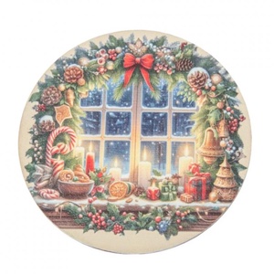 Nyomtatott fa tábla koszorú közép Karácsonyi ablak mintával 11,8cm (KARÁCSONY), Kellékek & szerszámok, Hobby fa alapanyag, Fakorong, Famegmunkálás, MESKA