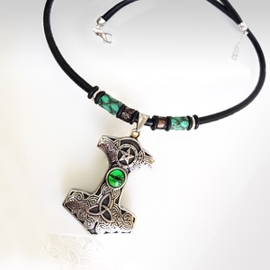 Zöldszemes Thor Hammer nyaklánc, Ékszer, Nyaklánc, Medálos nyaklánc, Bőrművesség, Ékszerkészítés, MESKA
