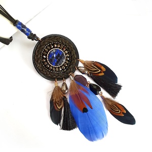 Tribal királykék tollas nyaklánc, Ékszer, Nyaklánc, Bojtos nyaklánc, Bőrművesség, Ékszerkészítés, MESKA