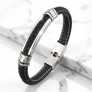 Prime Black � Fonott bőr karkötő nemesacél díszítéssel - ékszer - karkötő - fonott karkötő - Meska.hu