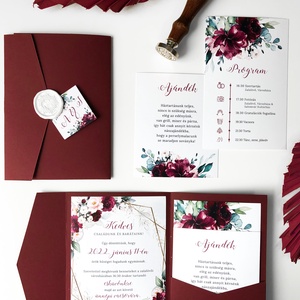 Burgundi, virágos esküvői meghívó zsebes tokkal, viaszpecséttel - esküvő - meghívó & kártya - meghívó - Meska.hu