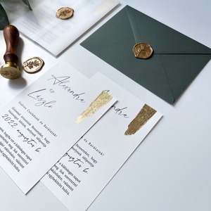 Minimal, arany füstfóliázott esküvői meghívó pausz papír borítóval, borítékkal, viaszpecséttel - esküvő - meghívó & kártya - meghívó - Meska.hu