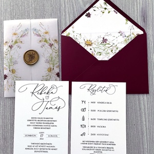 Burgundi, vadvirágos esküvői meghívó pauszpapírral és viaszpecséttel, elegáns, minimalista esküvői meghívó - esküvő - meghívó & kártya - meghívó - Meska.hu