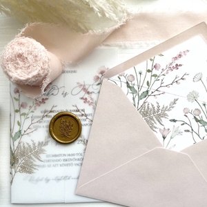 Púder rózsaszín virágos esküvői meghívó pauszpapírral és viaszpecséttel, elegáns, minimalista esküvői meghívó - esküvő - meghívó & kártya - meghívó - Meska.hu