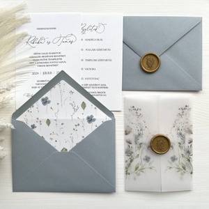 Kék virágos esküvői meghívó pauszpapírral és viaszpecséttel, elegáns, minimalista esküvői meghívó - esküvő - meghívó & kártya - meghívó - Meska.hu