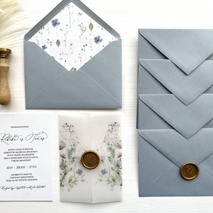 Kék virágos esküvői meghívó pauszpapírral és viaszpecséttel, elegáns, minimalista esküvői meghívó - esküvő - meghívó & kártya - meghívó - Meska.hu