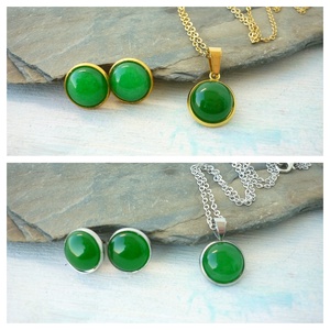 Zöld jade ásvány fülbevaló/medál szett nemesacél alapban, Ékszer, Ékszerszett, Ékszerkészítés, MESKA