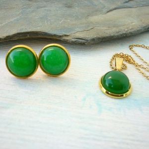 Zöld jade ásvány fülbevaló/medál szett nemesacél alapban - ékszer - ékszerszett - Meska.hu