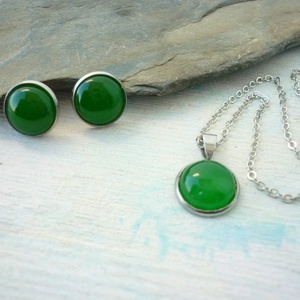 Zöld jade ásvány fülbevaló/medál szett nemesacél alapban - ékszer - ékszerszett - Meska.hu