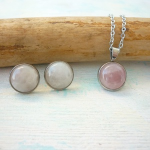 Rózsakvarc ásvány fülbevaló/medál szett nemesacél alapban - ékszer - ékszerszett - Meska.hu
