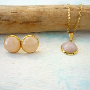 Rózsakvarc ásvány fülbevaló/medál szett nemesacél alapban - ékszer - ékszerszett - Meska.hu