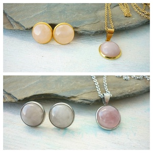 Rózsakvarc ásvány fülbevaló/medál szett nemesacél alapban, Ékszer, Ékszerszett, Ékszerkészítés, MESKA