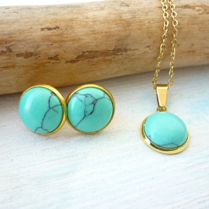 Türkinit ásvány fülbevaló/medál szett nemesacél alapban - ékszer - ékszerszett - Meska.hu