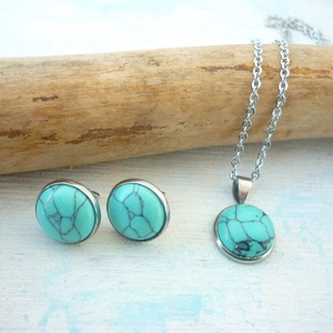 Türkinit ásvány fülbevaló/medál szett nemesacél alapban - ékszer - ékszerszett - Meska.hu