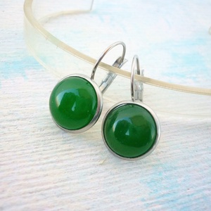 Zöld jade fülbevaló 12mm-es nemesacél franciakapcsos alapban - ékszer - fülbevaló - lógós kerek fülbevaló - Meska.hu