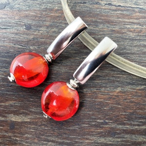 Tűzpiros muránói fülbevaló nemesacél akasztóval - ékszer - fülbevaló - lógó fülbevaló - Meska.hu