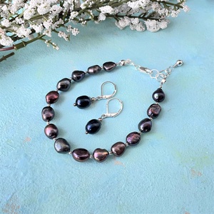 Sötétszürke édesvízi gyöngy karkötő/fülbevaló szett, Ékszer, Ékszerszett, Ékszerkészítés, MESKA