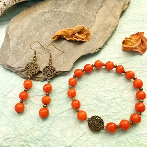 Tűztövis -  kalcit karkötő/fülbevaló  szett, Ékszer, Ékszerszett, Ékszerkészítés, MESKA